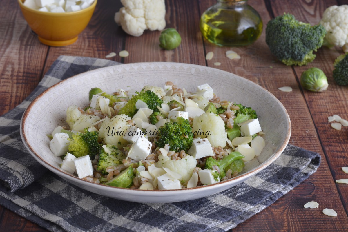 Farro with Cauliflower, Broccoli, Brussels Sprouts, and Feta