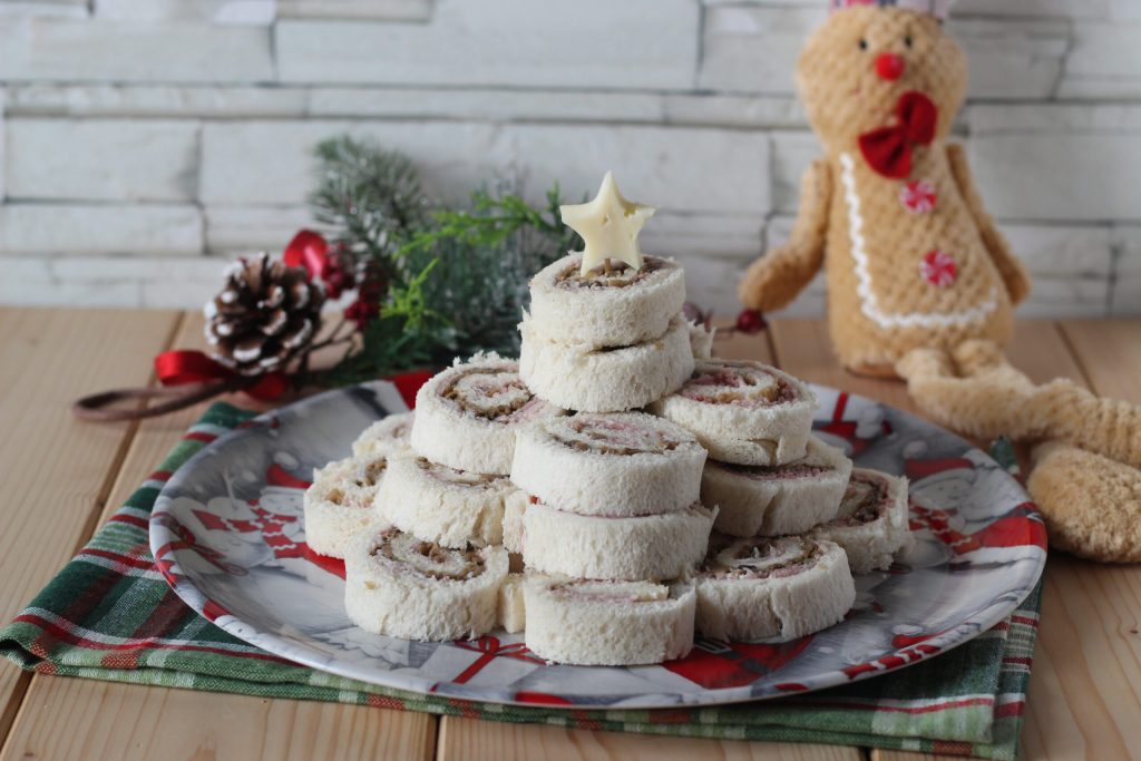 Christmas tree of sandwiches with ham and mushrooms