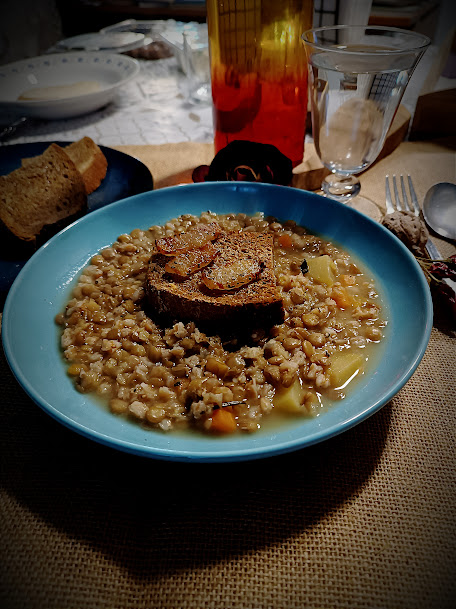 Spelt and Lentil Soup with Toasted Lard