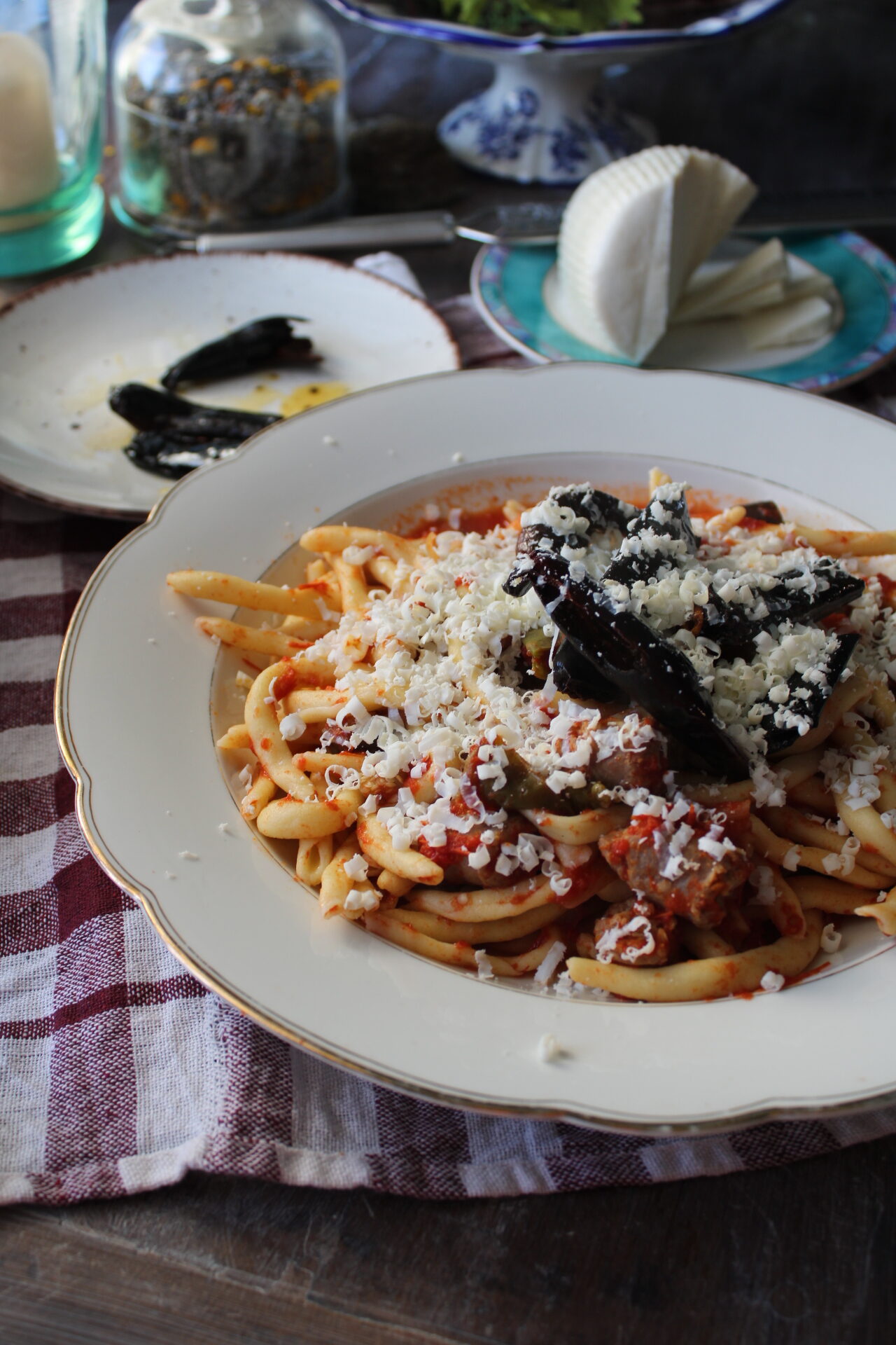 Fileja with Fresh Tomatoes, Eggplants, and Crumbled Peppers