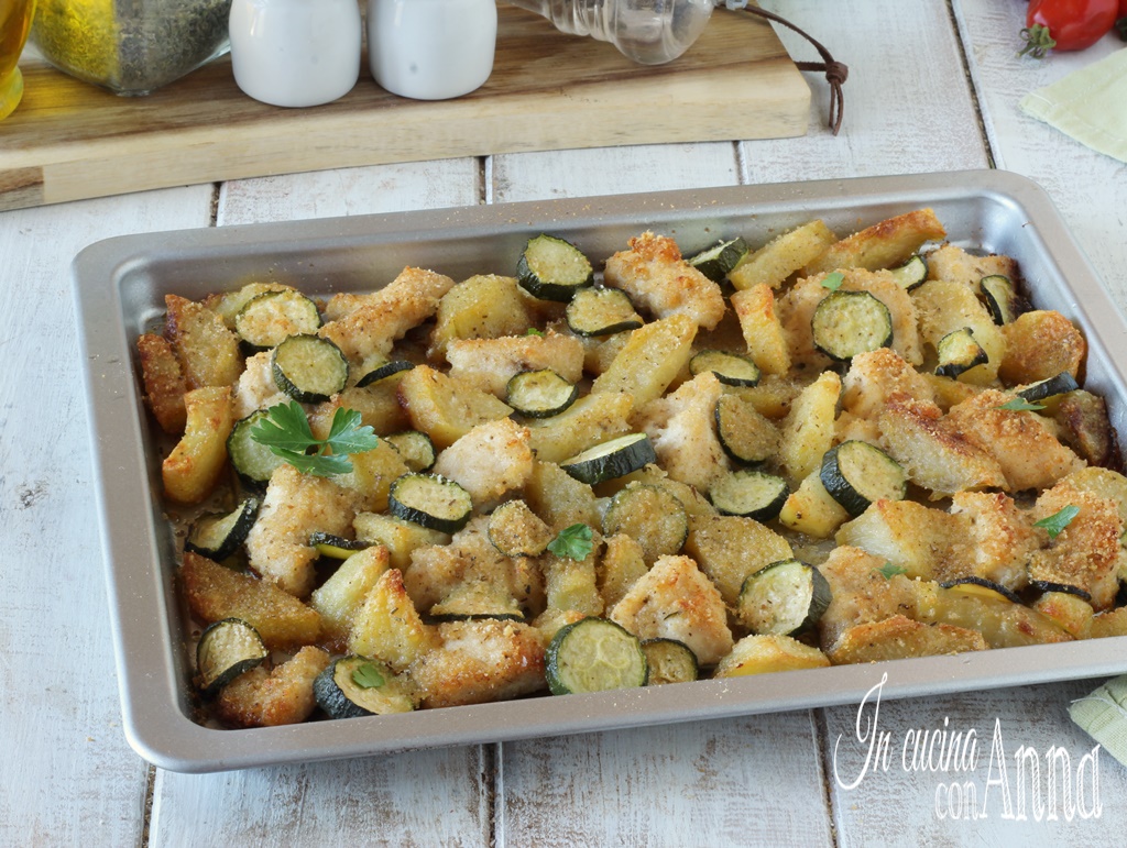 Chicken with Potatoes and Zucchini Au Gratin in the Oven