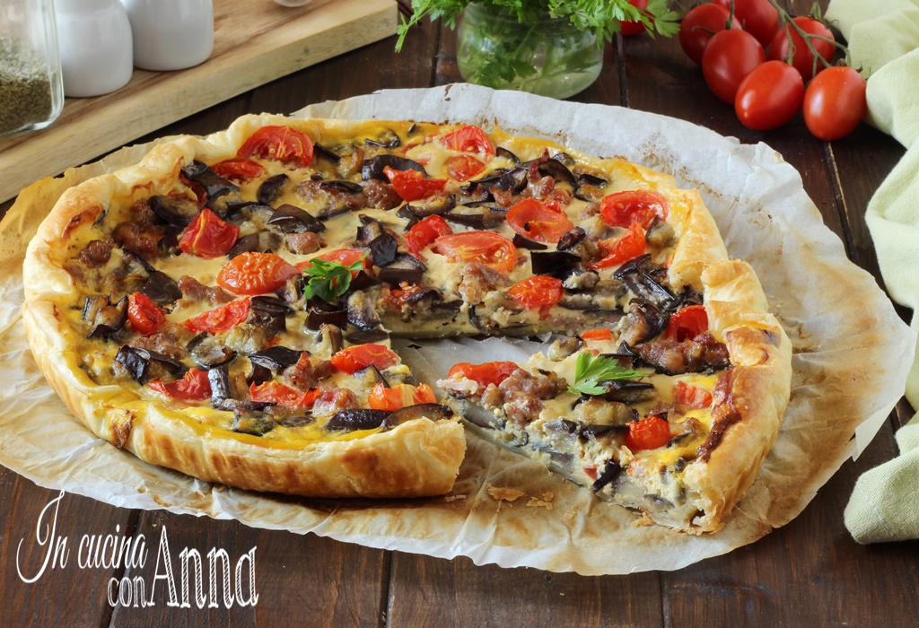 Savory Pie with Eggplants, Sausage, Stracchino, and Cherry Tomatoes
