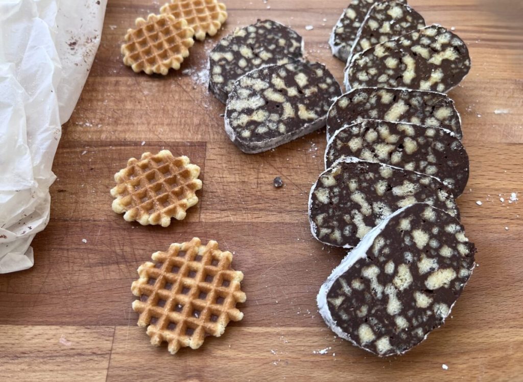 dark chocolate waffle salami