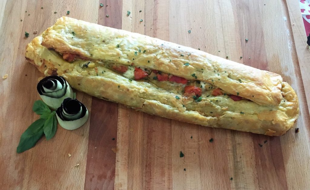 eggplant, cherry tomatoes, and crescenza cheese strudel