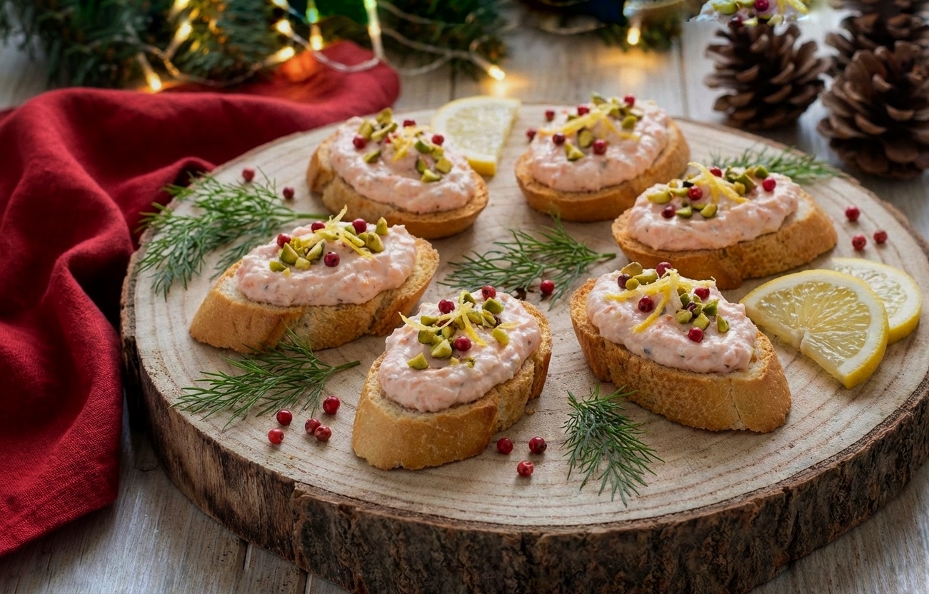 SALMON AND ROBIOLA MOUSSE ON CRISPY CROSTINI