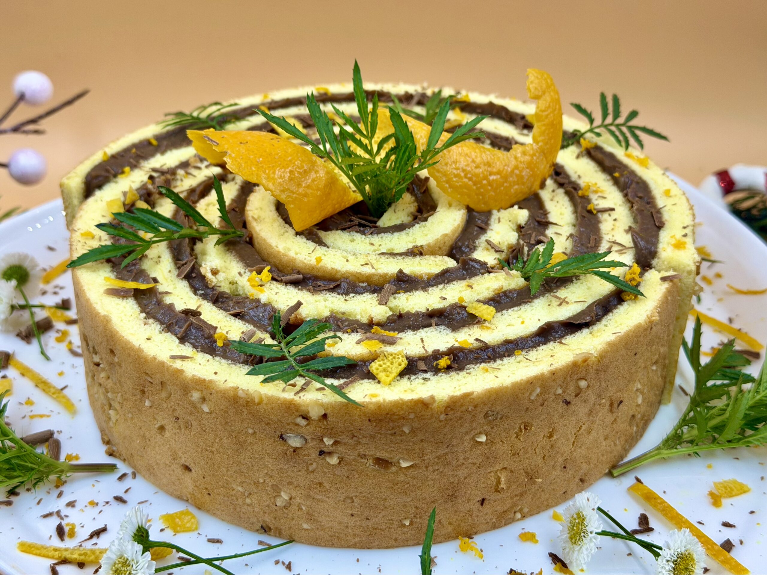 Christmas Sweet Roll with Chocolate and Orange Cream