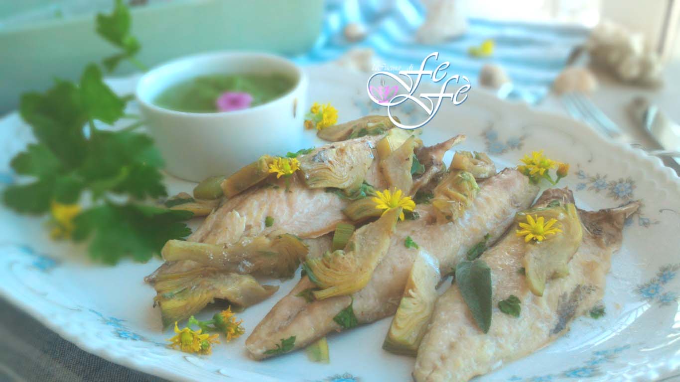 MACKEREL FILLETS WITH ARTICHOKE WEDGES IN PEA CREAM