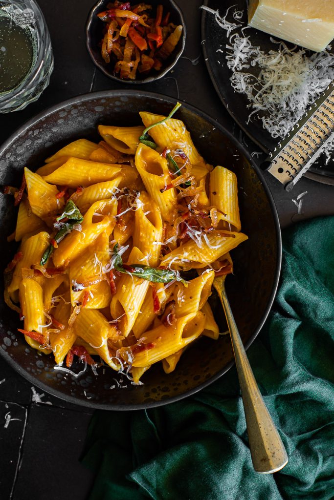 Pasta with Pumpkin Cream and Bacon