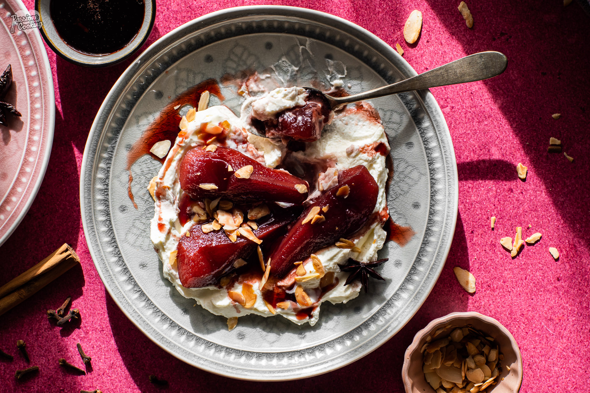 Pears in Red Wine on Mascarpone Cream
