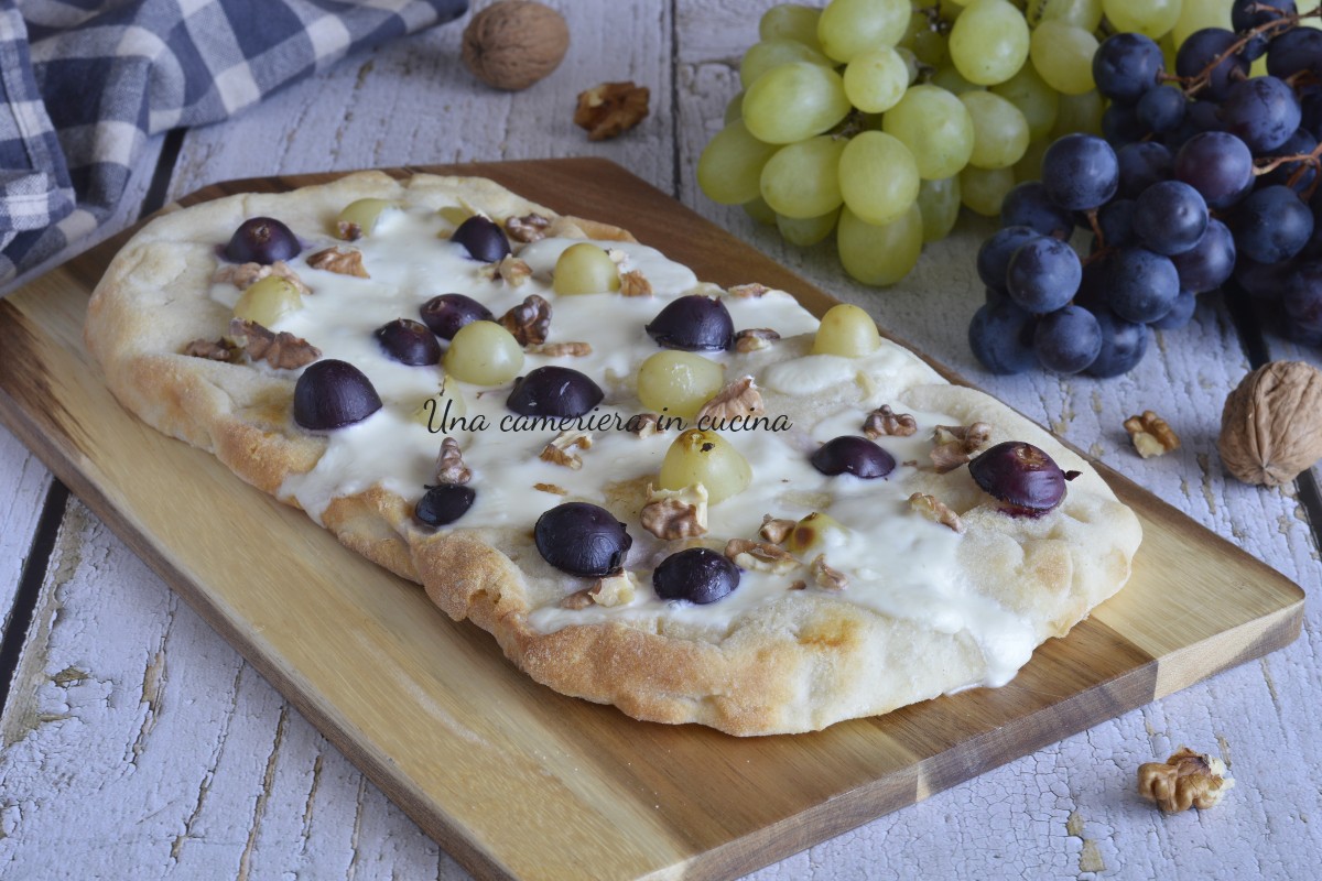 Pinsa with Crescenza Cheese, Grapes, and Walnuts