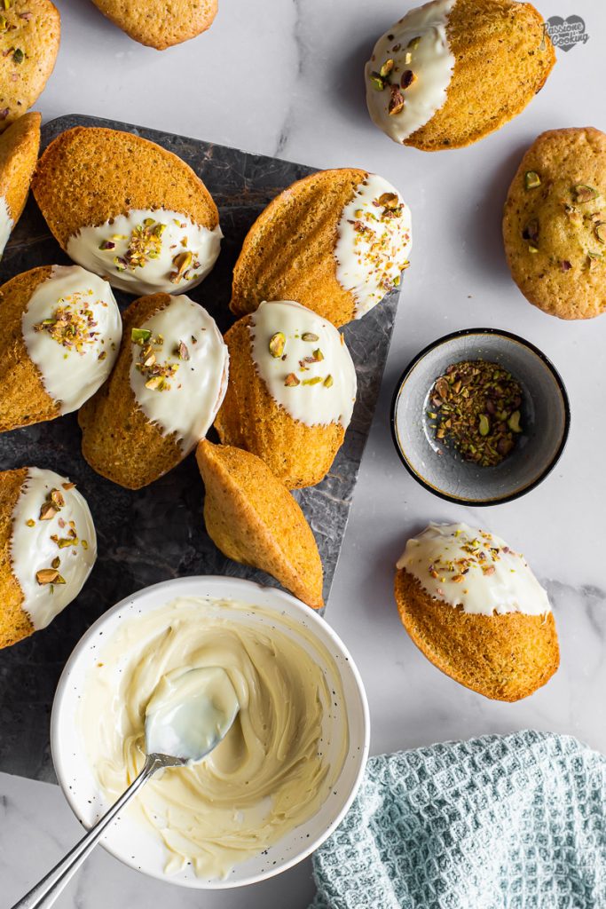 Pistachio and White Chocolate Madeleines