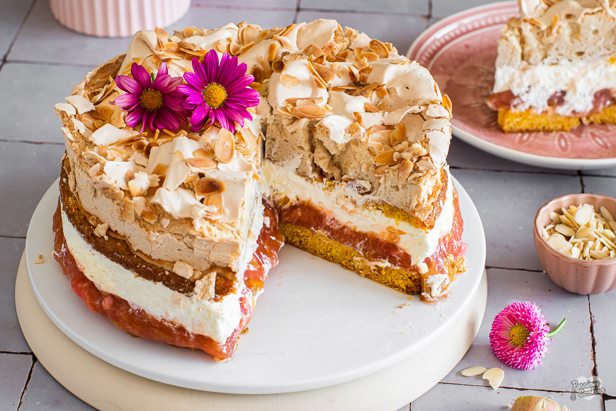 Rhubarb and Cream Meringue Cake