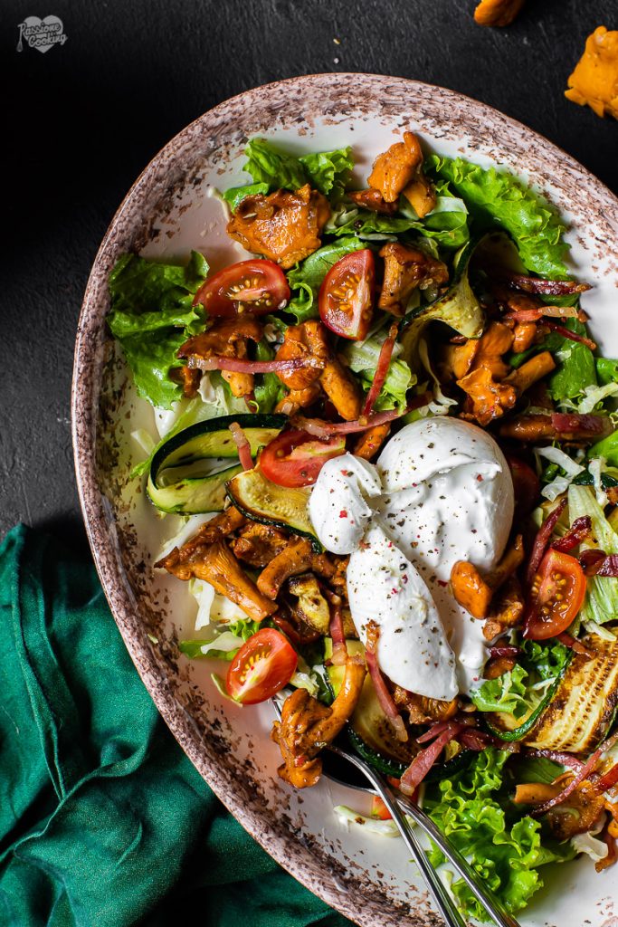 Salad with Chanterelles, Speck, and Burrata