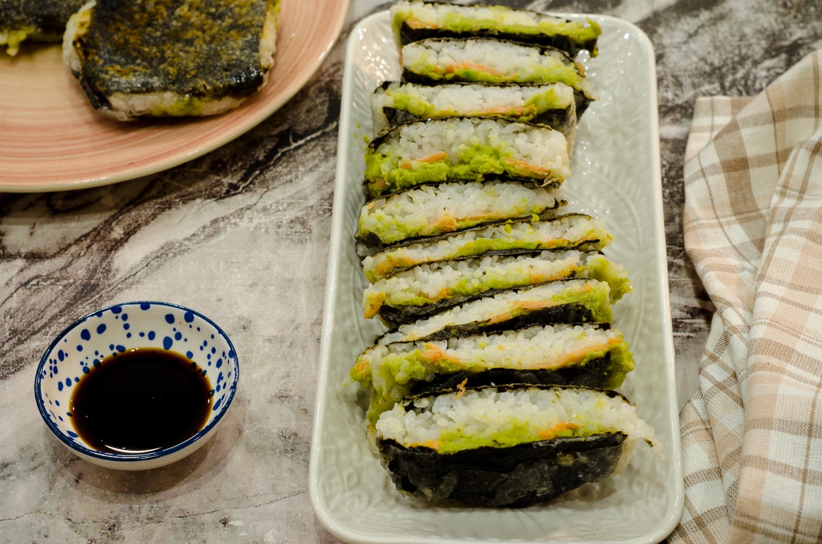 Crunchy Onigirazu or Sushi Sandwiches with Salmon and Avocado
