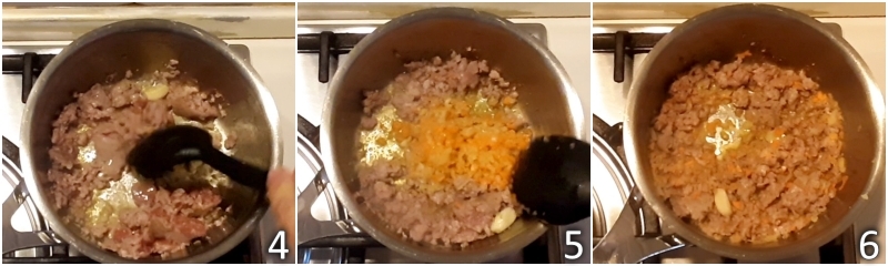 b. add chopped onion, celery, and carrot