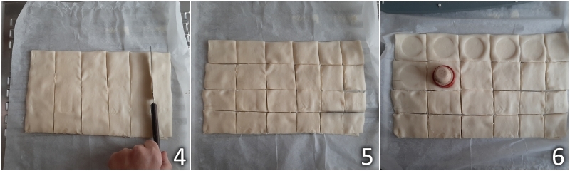 b. cut the puff pastry into squares and form an indentation with a cap