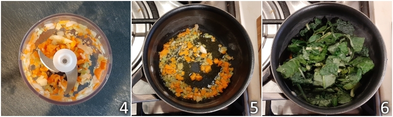 b. sauté celery, carrot, onion, and garlic