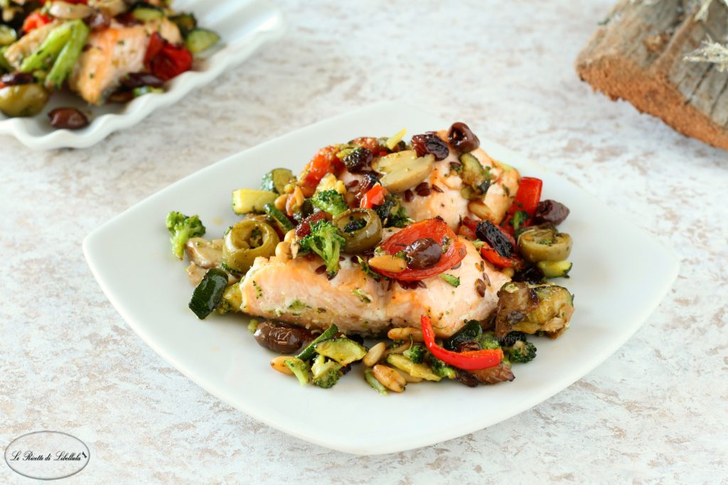 Baked Salmon with Vegetables, Pine Nuts, and Raisins