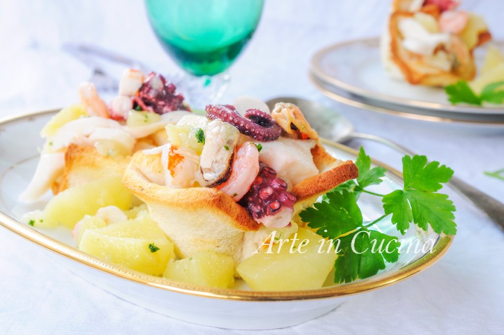 Bread baskets with seafood salad and potatoes vickyart art in the kitchen