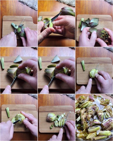 clean the artichokes and leave them in a bowl with water and lemon