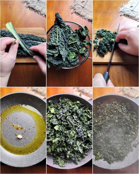 clean the black cabbage and cook in the pan over low heat