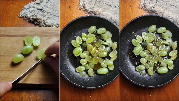 clean the grapes, cut them and cook them in a pan with honey, oil, and rosemary