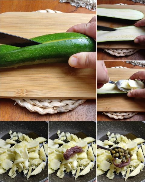 clean the zucchini, scoop out the pulp, and cook it with capers and anchovies