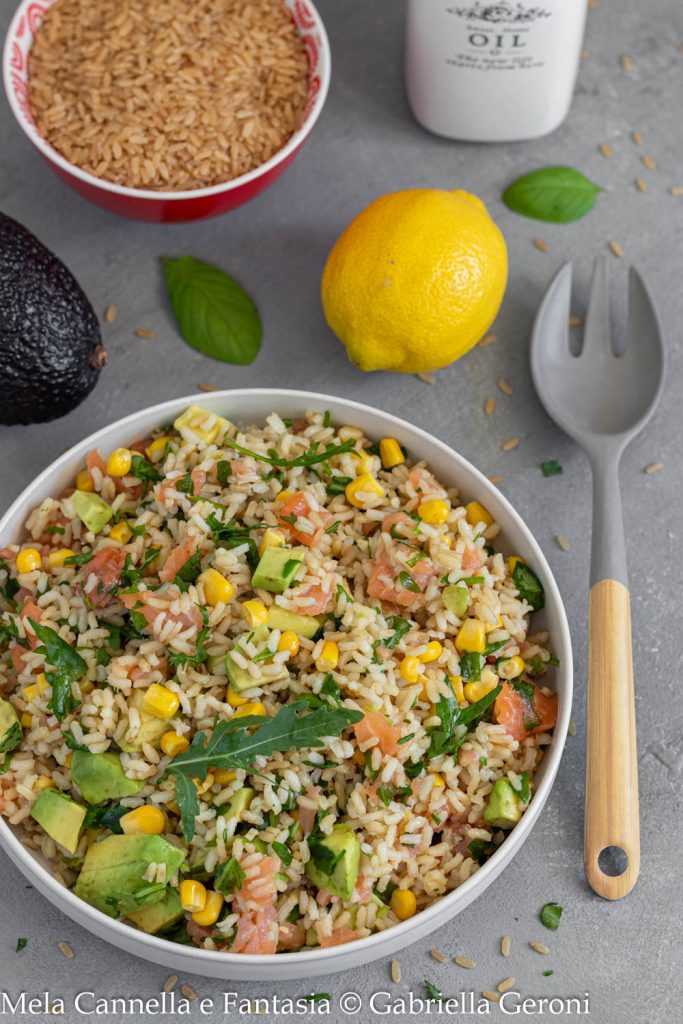 cold brown rice with smoked salmon and avocado