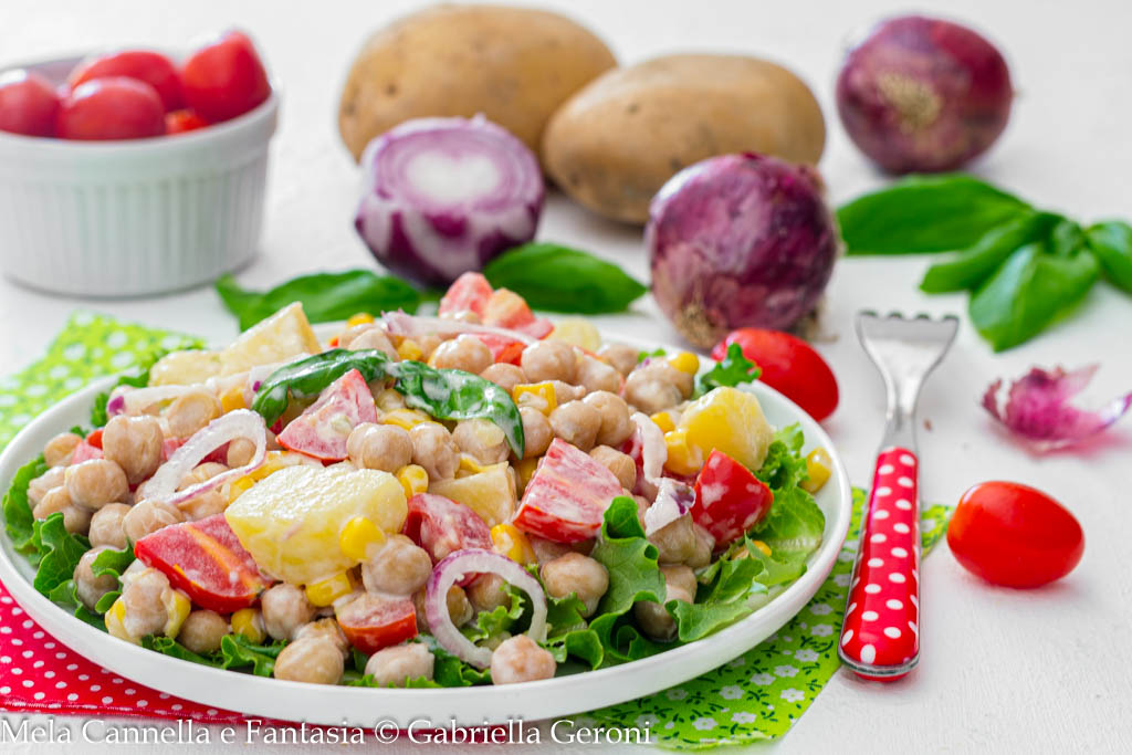 Cold Chickpea Salad with Potatoes, Cherry Tomatoes, and Onion