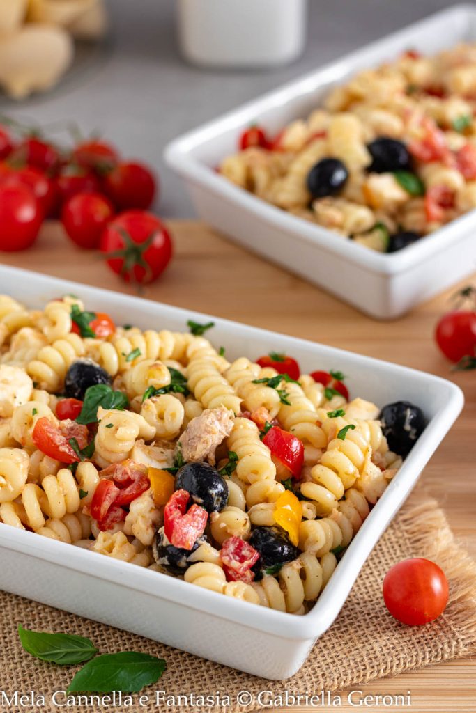 cold pasta with tuna cherry tomatoes and mozzarella