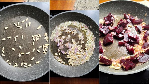 cook the beetroot with onion and pine nuts for 5 minutes