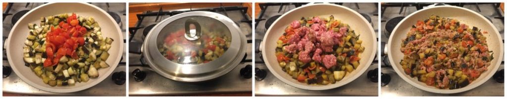 crumble with sausage, eggplant, cherry tomatoes