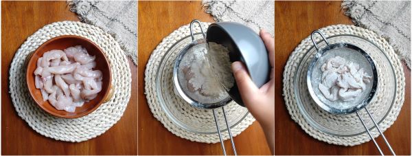 cut the chicken into strips and coat with flour