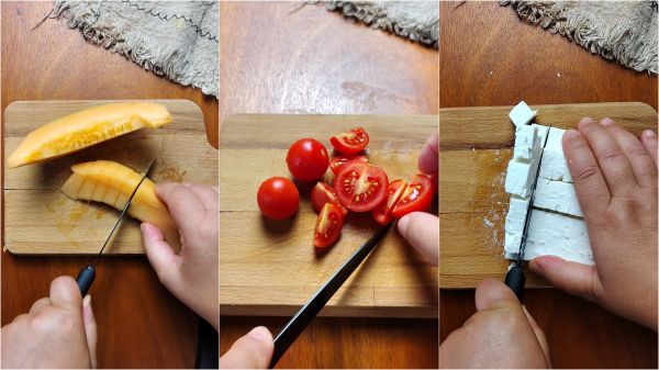 cut the melon cherry tomatoes and feta