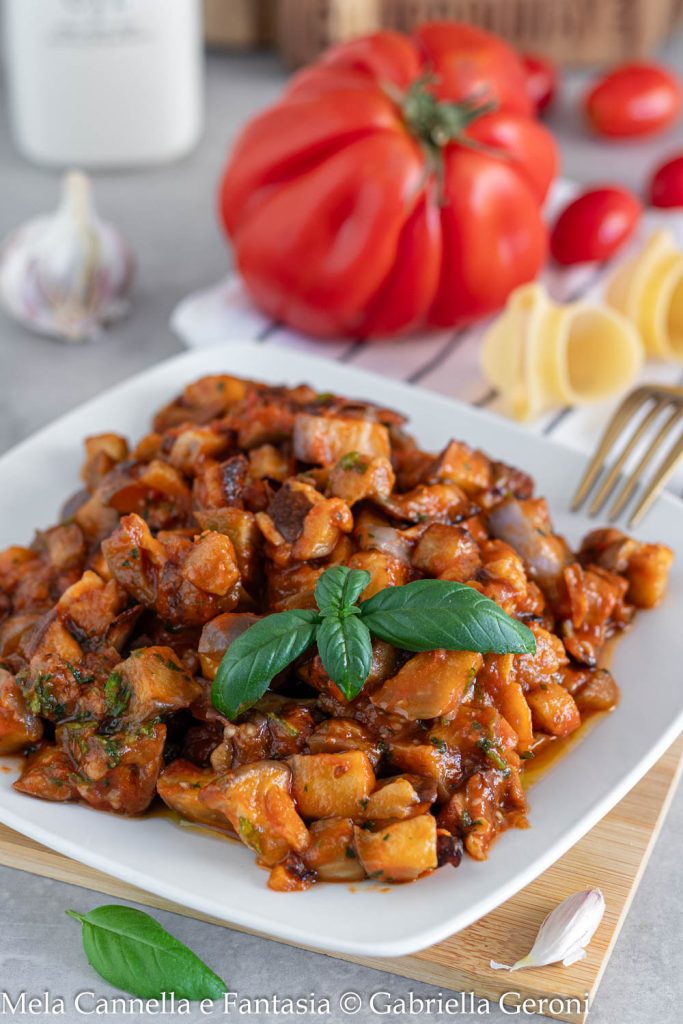 eggplants in tomato sauce in skillet