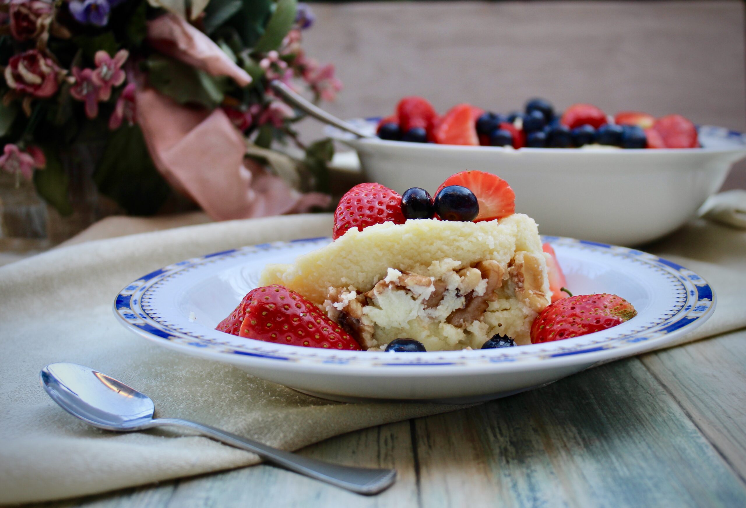 Gouryevskaya kasha, with semolina, nuts, and fresh fruit (Russia)