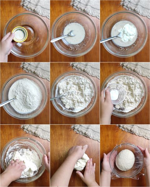 knead all the ingredients in a bowl and let rise for a couple of hours