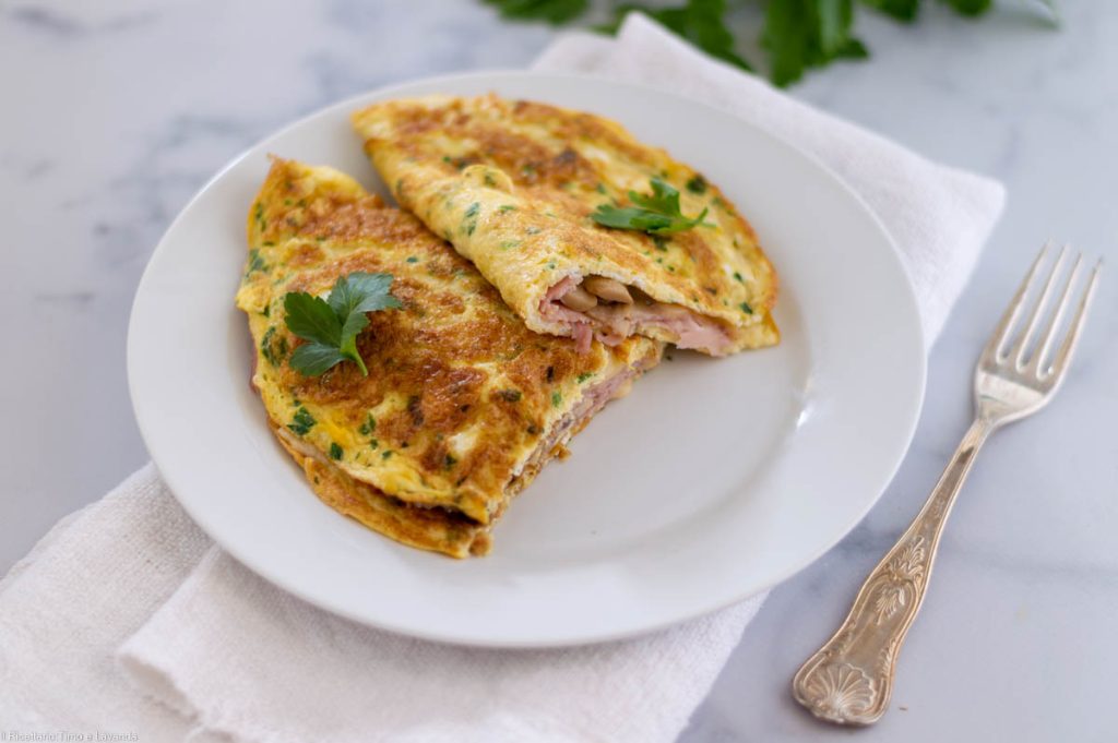 light omelettes with mushrooms and cooked ham