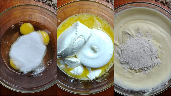 mix eggs, sugar, and flour with the hand whisk