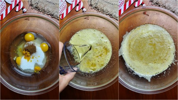 mix eggs, sugar, cinnamon, orange juice, oil and orange zest