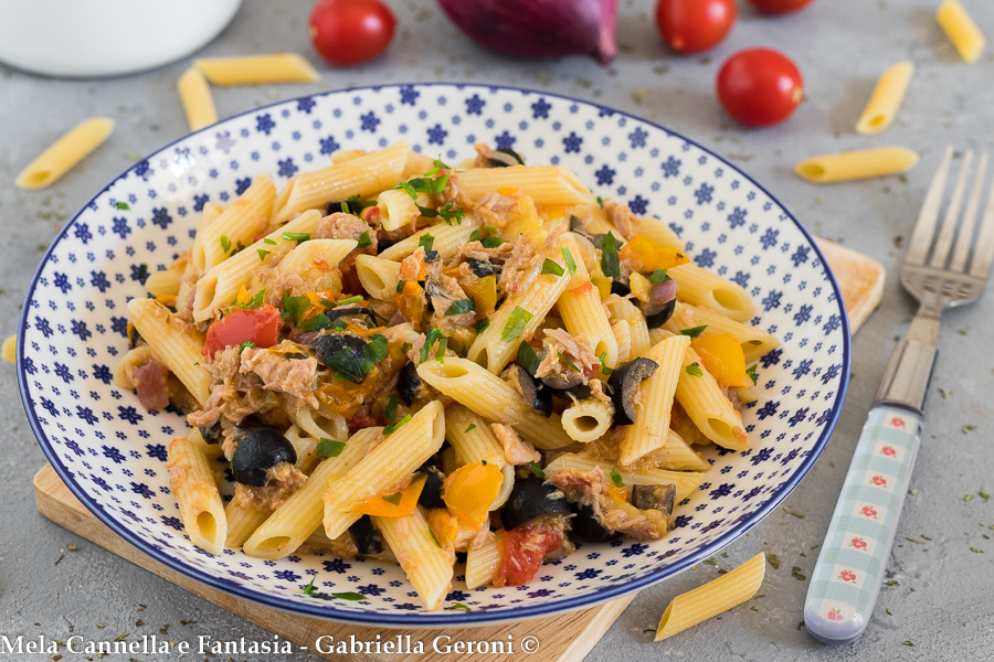 Penne with Tuna and Olives with Yellow and Red Cherry Tomatoes Easy and Quick