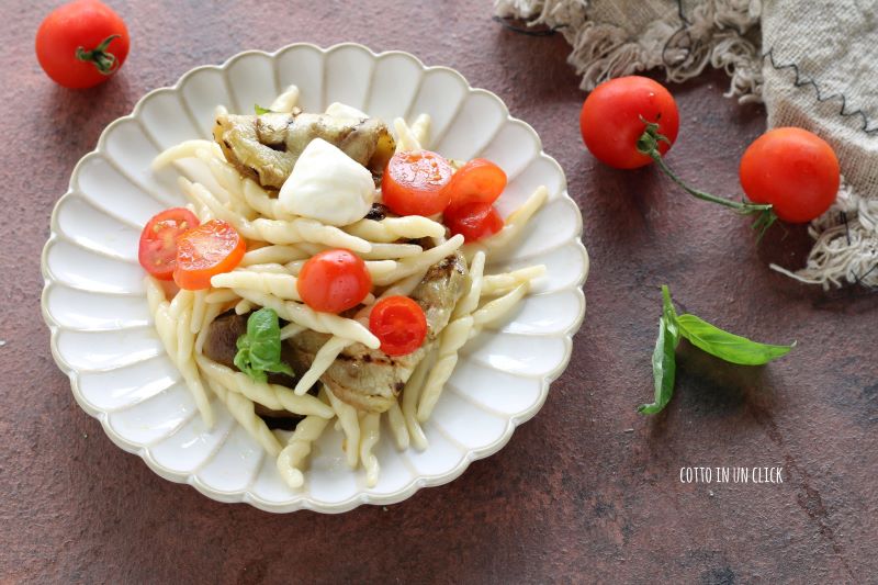 cold pasta salad with eggplants and cherry tomatoes