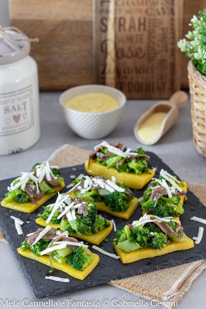 polenta crostini with broccoli and anchovies