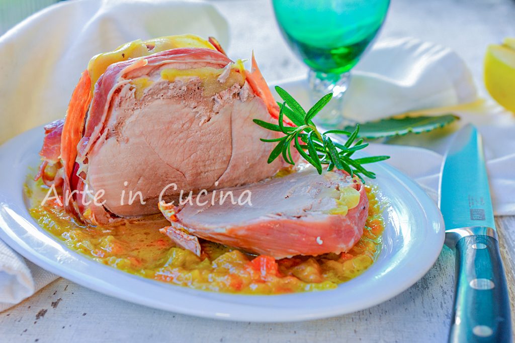 Pork roast with ham and apples for Christmas