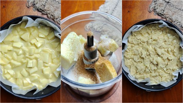 pour the cake into the mold, distribute the crumble and bake