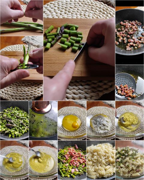 preparation of asparagus and bacon carbonara