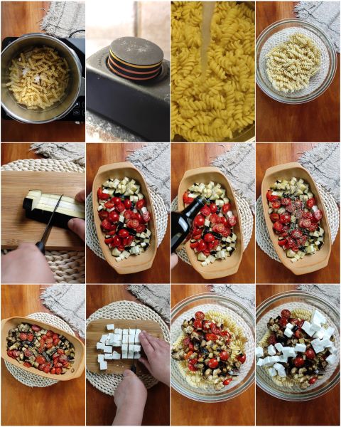 preparation of baked feta and cherry tomato pasta