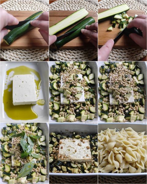 preparation of baked pasta with feta and zucchini