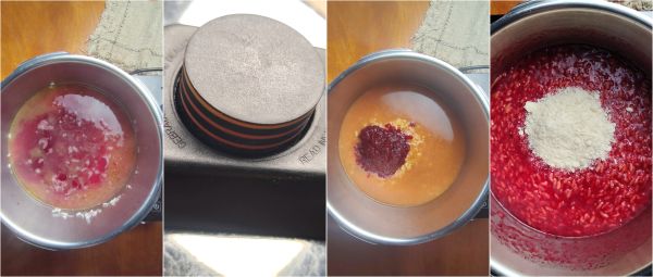 preparation of beetroot and stracciatella risotto in pressure cooker