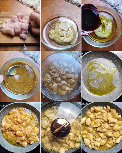 preparation of chicken bites with mustard and soy sauce